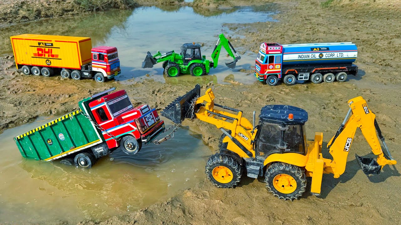JCB Tractor Cartoon Video | New Volvo Tipper Tata Truck Muddy Accident Pulling Out JCB 3DX | AJ TOYS