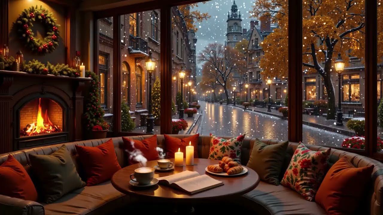 Warm Coffee Shop Jazz ☕ Smooth Piano, Fireplace Sound & Relaxing Snowy Winter Ambience