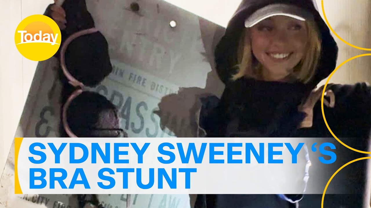 Sydney Sweeney films herself hanging bras off the iconic Hollywood sign | Today Show Australia