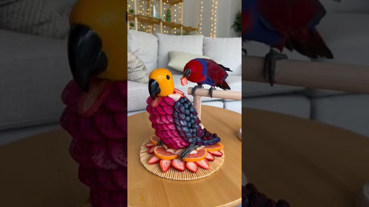 When your fruit carving gets side-eyed by a real parrot! 🦜🍉 