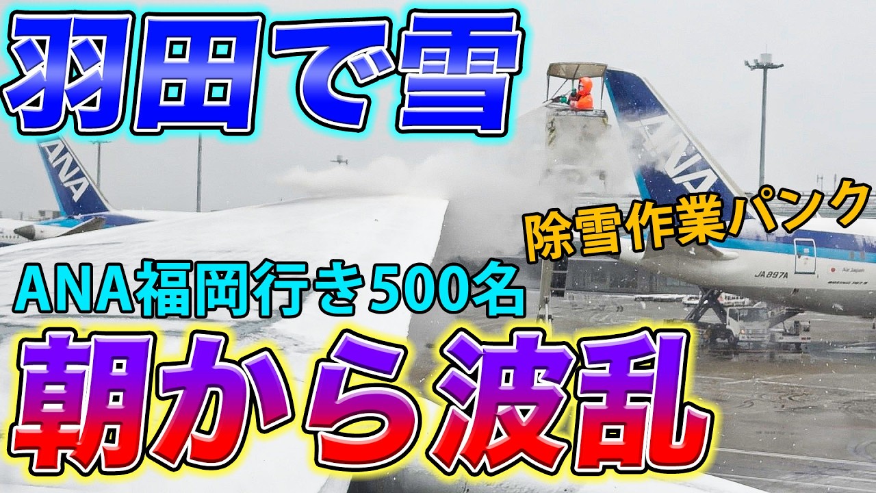 【羽田で雪！】寒波で大遅延！ANAの大型機で福岡へ！雪とジェット気流で朝から大波乱！