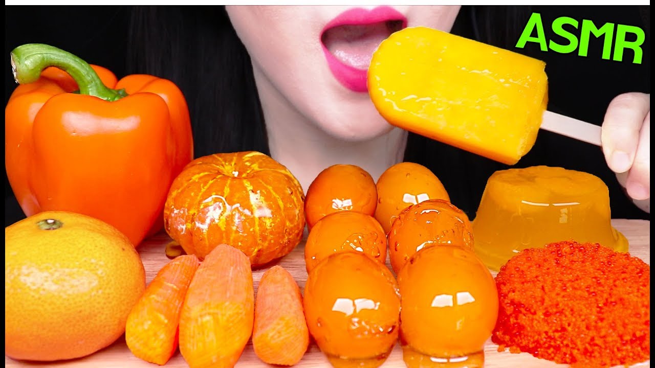ASMR ORANGE FOOD *ICE CREAM, TANGHULU, JELLY, FLYING FISH ROE 오렌지 아이스크림, 과일 사탕 탕후루, 날치알, 젤리 먹방