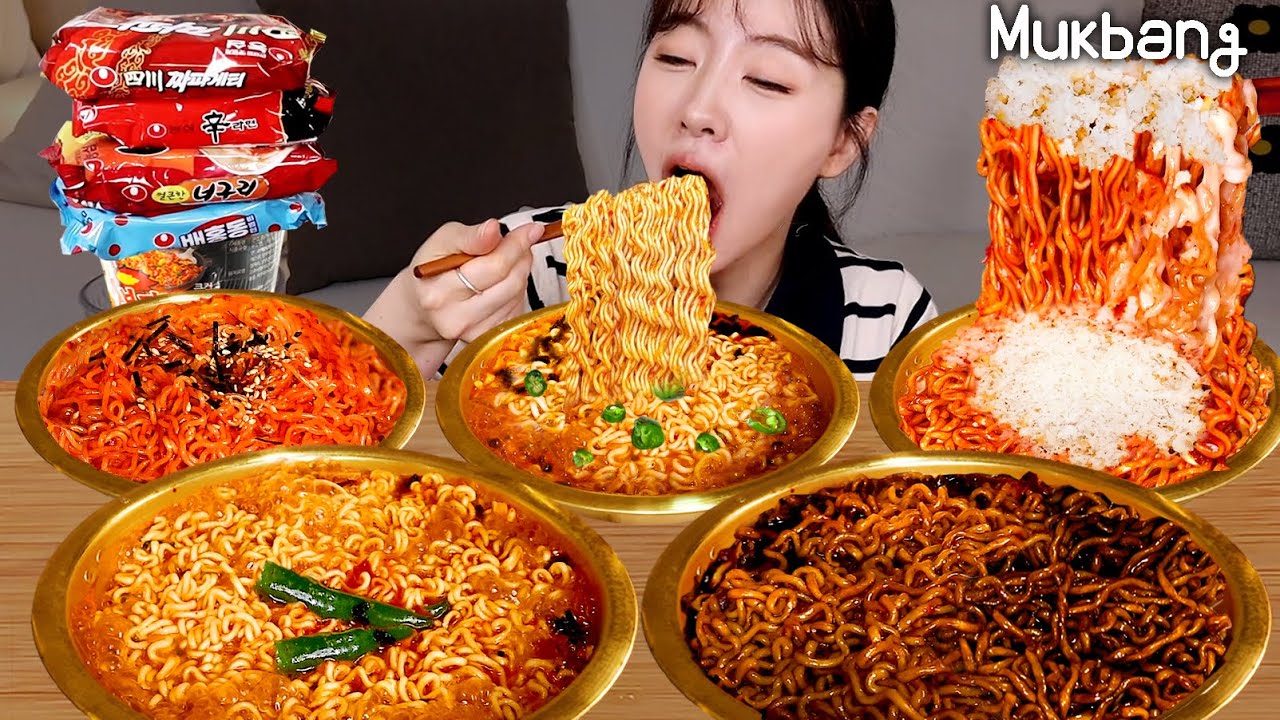 Питание 5 видов популярной корейской румыны в одиночку🍜Spicy samyang Buldak noodlesㅣMango shaved ice