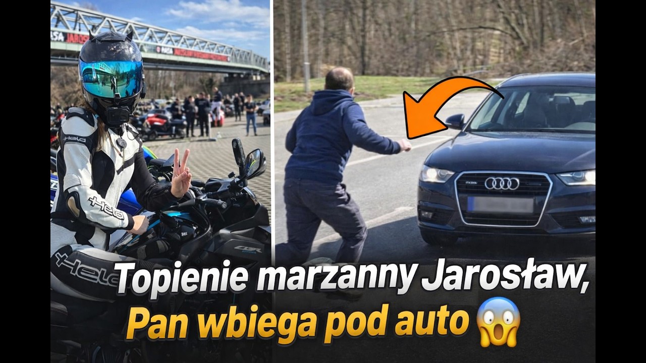 🌸Topienie Marzanny🌺 MOTOTRASA JAROSŁAW - Pan wchodzi pod auto, gazeta na kolanach 🦵