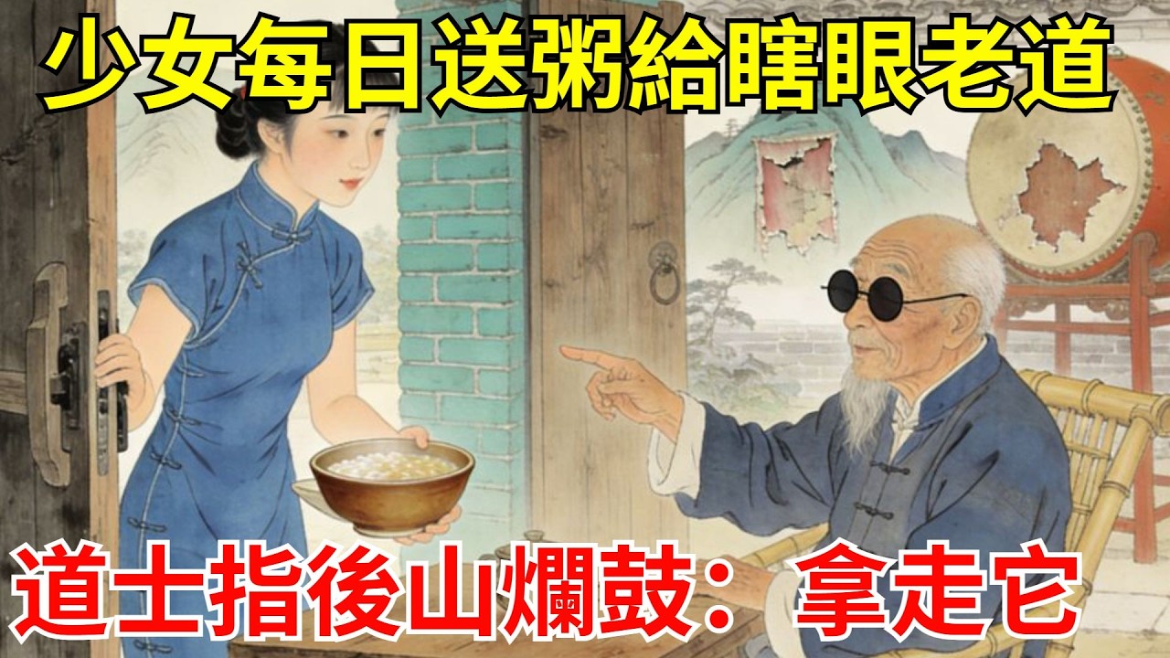少女每日送粥給瞎眼老道，道士臨終指後山爛鼓：拿走它。她含淚背回。鼓皮剝開，藏《黃帝內經》孤本，十年後醫界奉她為「女岐伯」！#故事頻道#聽書#民間故事#說書#善有善報#爽文