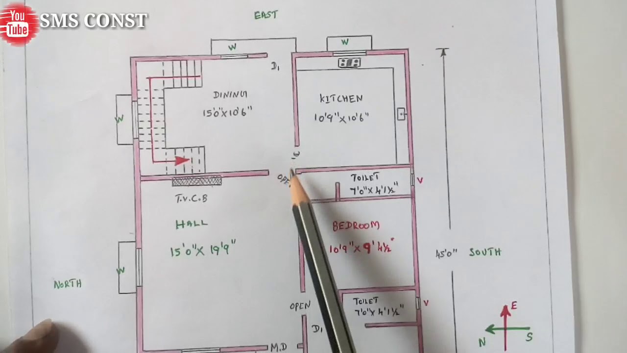 28'×45' West Face House Plan/ 2BHK மேற்கு பார்த்த வாசல் வீட்டின் வரைபடம்