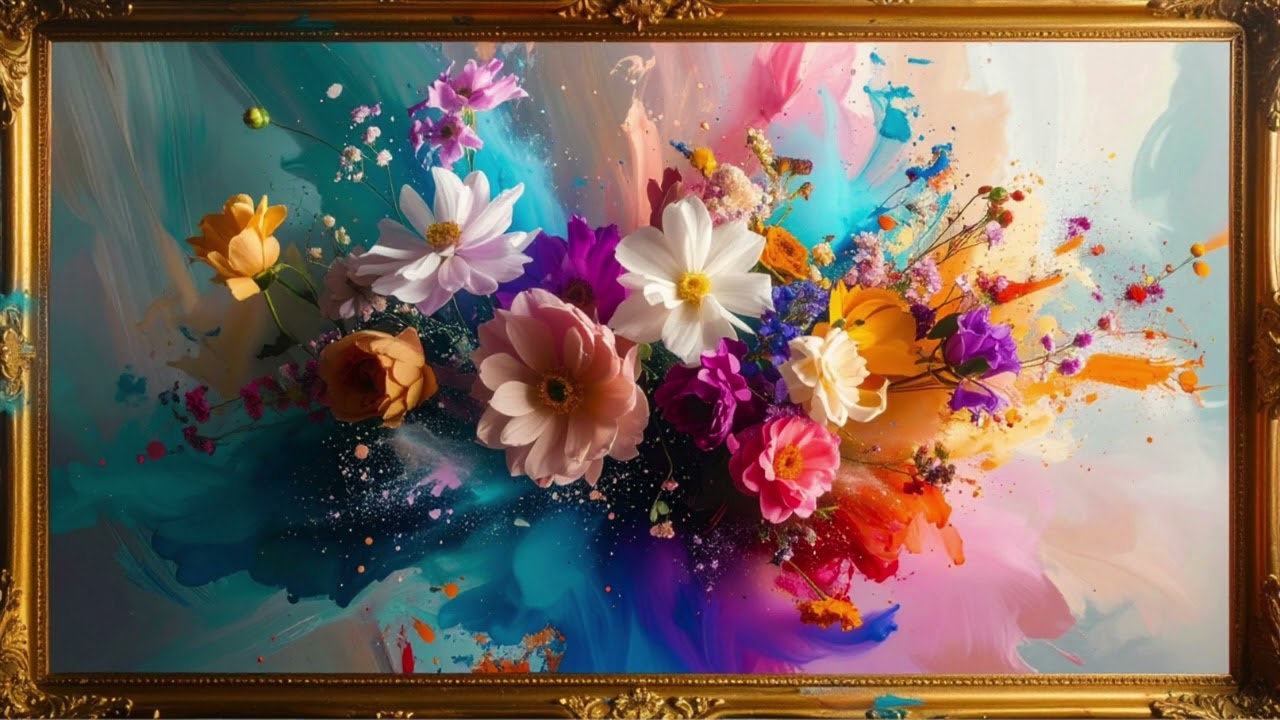 Flower Explosion Vibrant Multicoloured Painting in Golden Frame 4K TV Art Screensaver Wallpaper