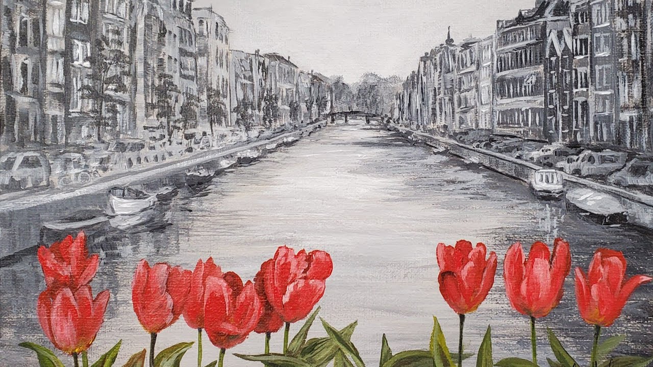 Amsterdam Canal with Tulips Black & White Acrylic Painting LIVE Tutorial