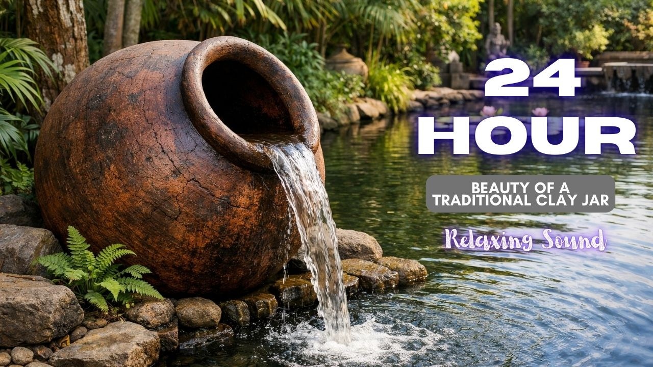 Experience the serene beauty of a traditional clay jar placed beside a stunning, peaceful pond. 🌿💧