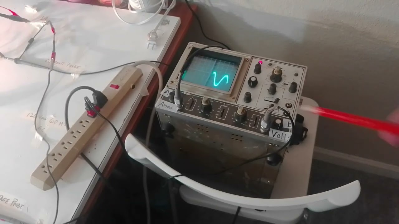 Testing current and volts with dual trace oscilloscope to see phase shift; first test