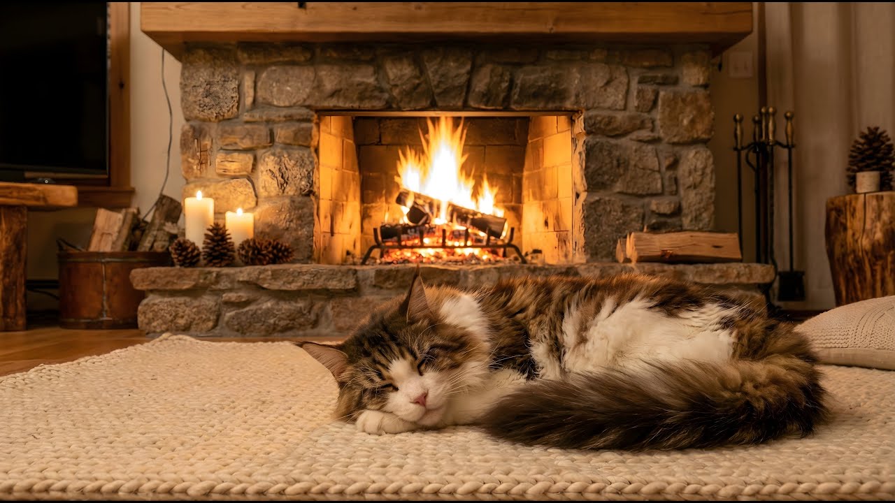 Cozy Fireplace Ambience Sleeping Cat | Crackling Fire Sounds for Sleep & Relaxation