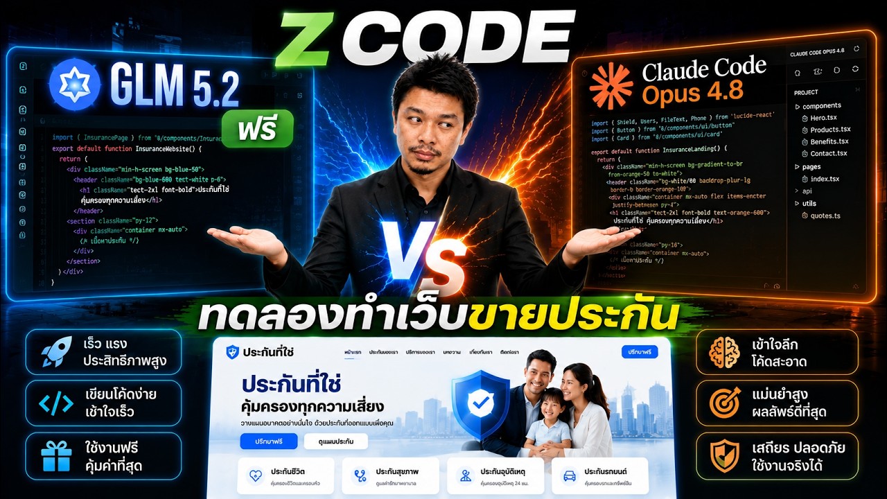 ZCODE GLM 5.2 ฟรี 🔥 เทียบ Claude Code Opus 4.8 สร้างเว็บขายประกันง่ายๆ ต่างกันมากไหม