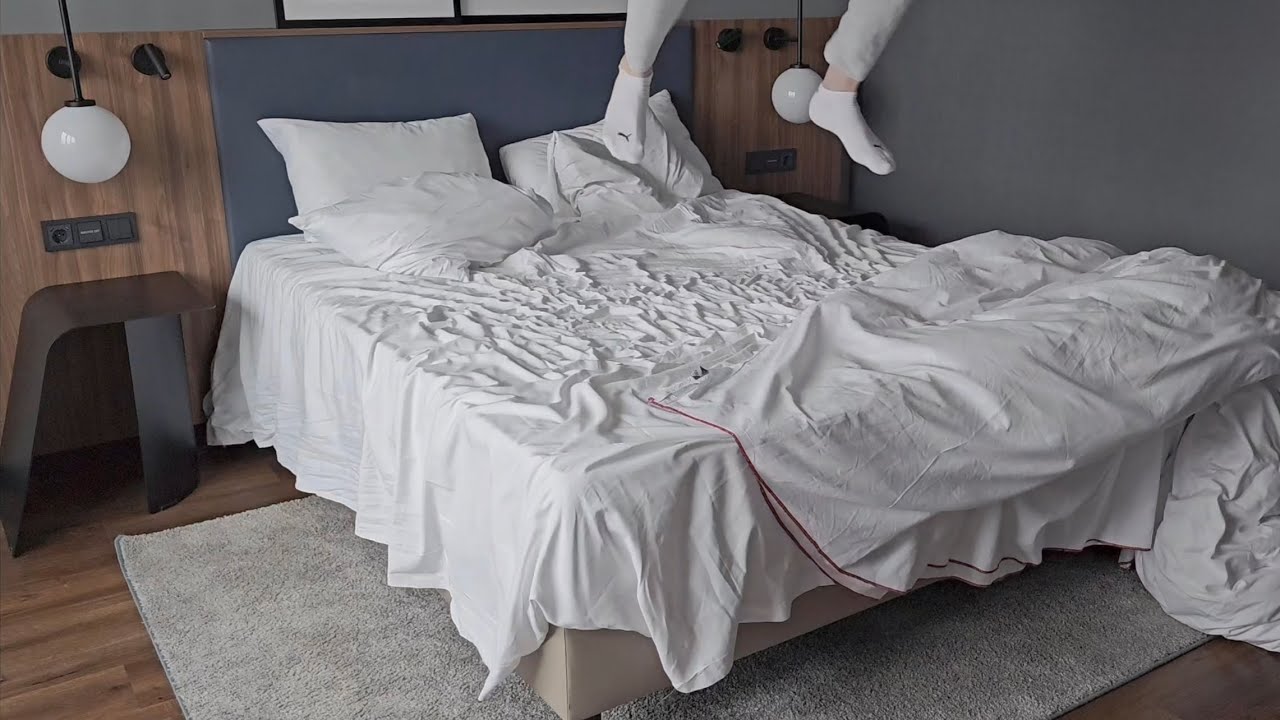 5 Star Hotel Bed Jumping Pillow kicking bare matress + aftermath in white ankle socks jump