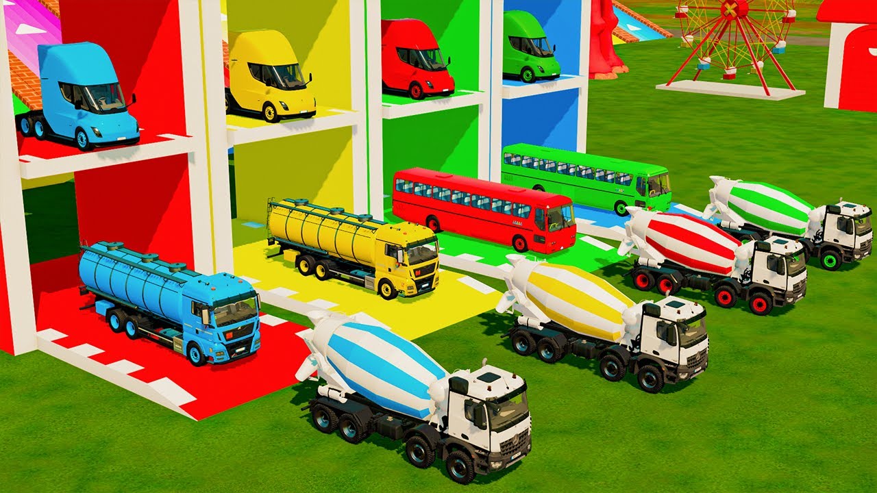 TRANSPORTING ALL MIXER TRUCKS WITH A DOUBLE FLATBED TRAILER - MAN, LIZARD, KENWORTH & KRAZ | FS22