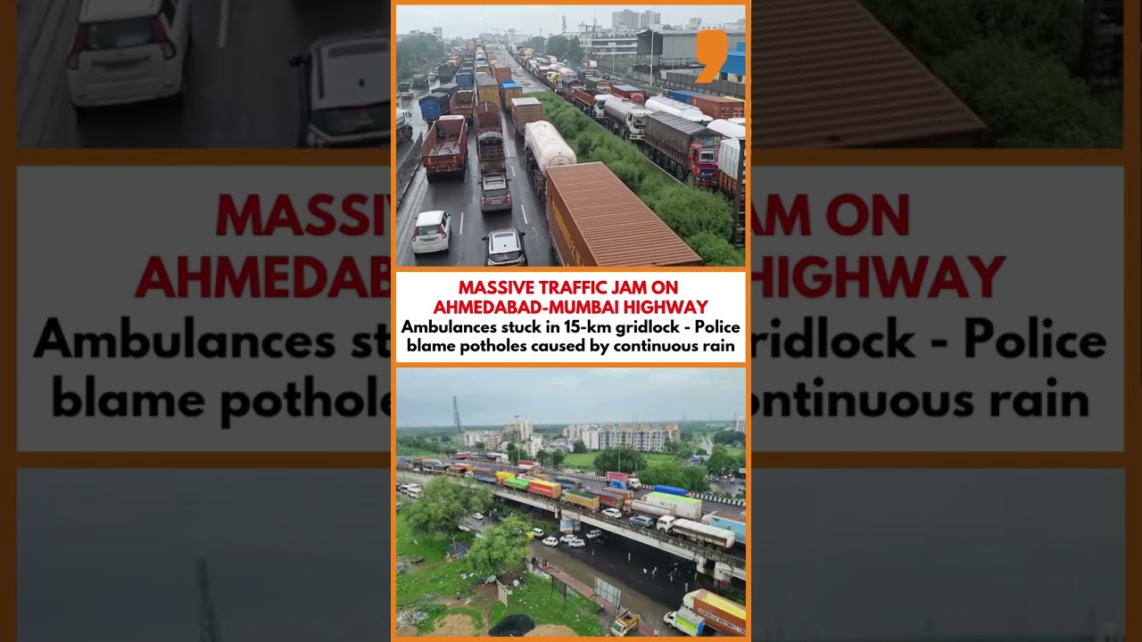 15-KM Traffic Jam on Ahmedabad&ndash;Mumbai Highway After Heavy Rains | News9