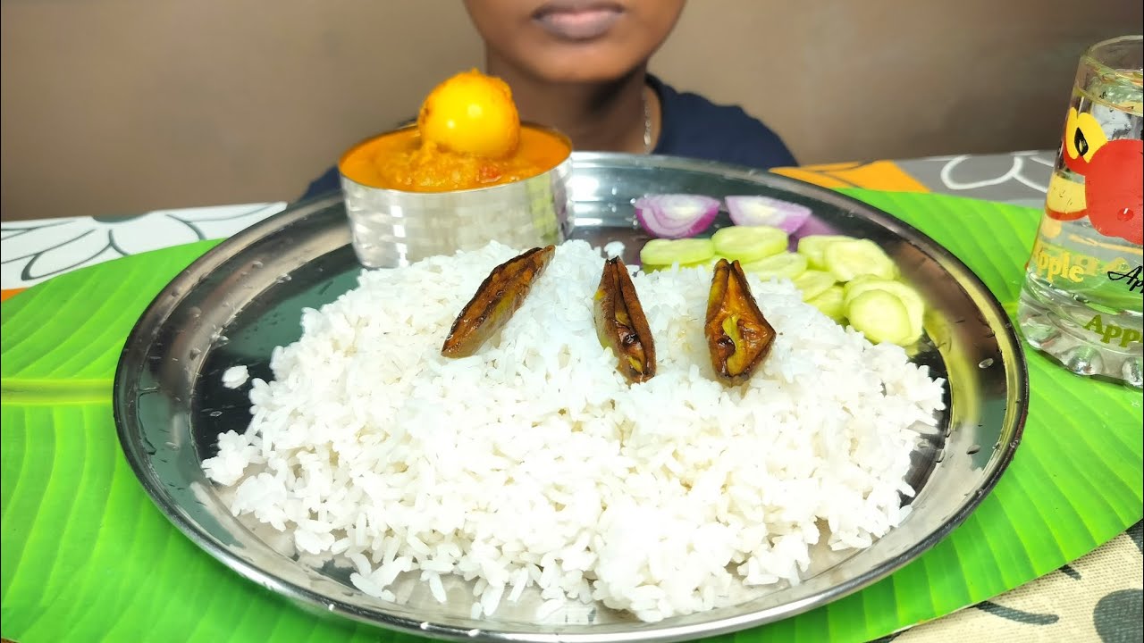 Rice with potol bhaja, spicy egg aloo curry mukbang, onion, cucumber aamr big bites 