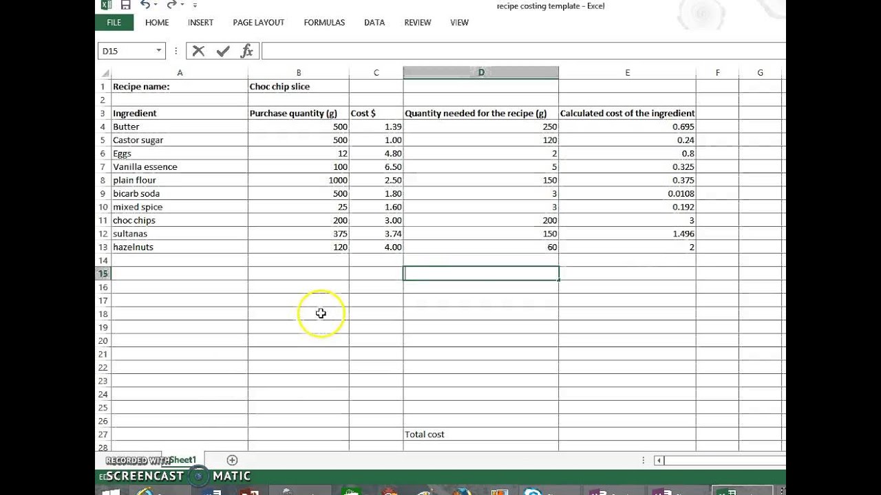 Costing a recipe - Part 2. Excel demonstration