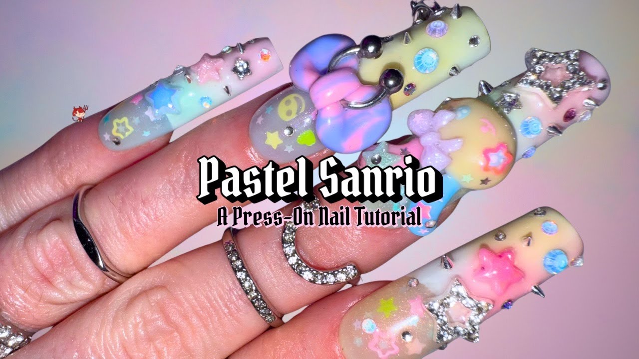 ⋆✮🧸PASTEL SANRIO PRESS-ON NAIL TUTORIAL🩵✩⋆🫧3D nails using NEW Crisania clay, Korean nail products⋆♡🎀