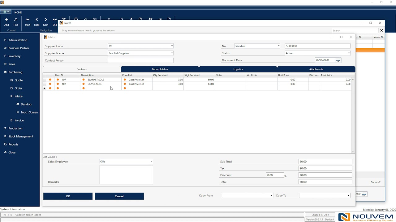 NOUVEM | Software for Food & Meat Processors | Goods Intake Flexibility