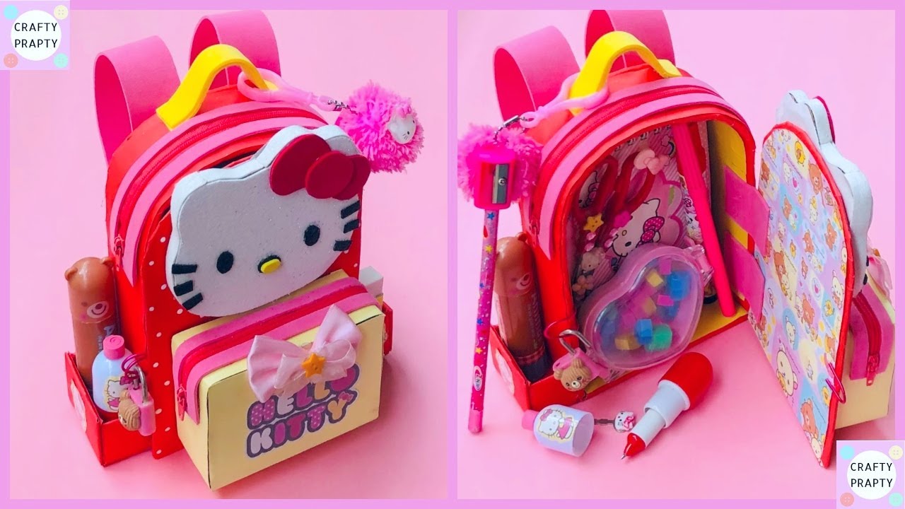 How to make Hello kitty School bag Shape Stationery Organizer With paper/ School supplies