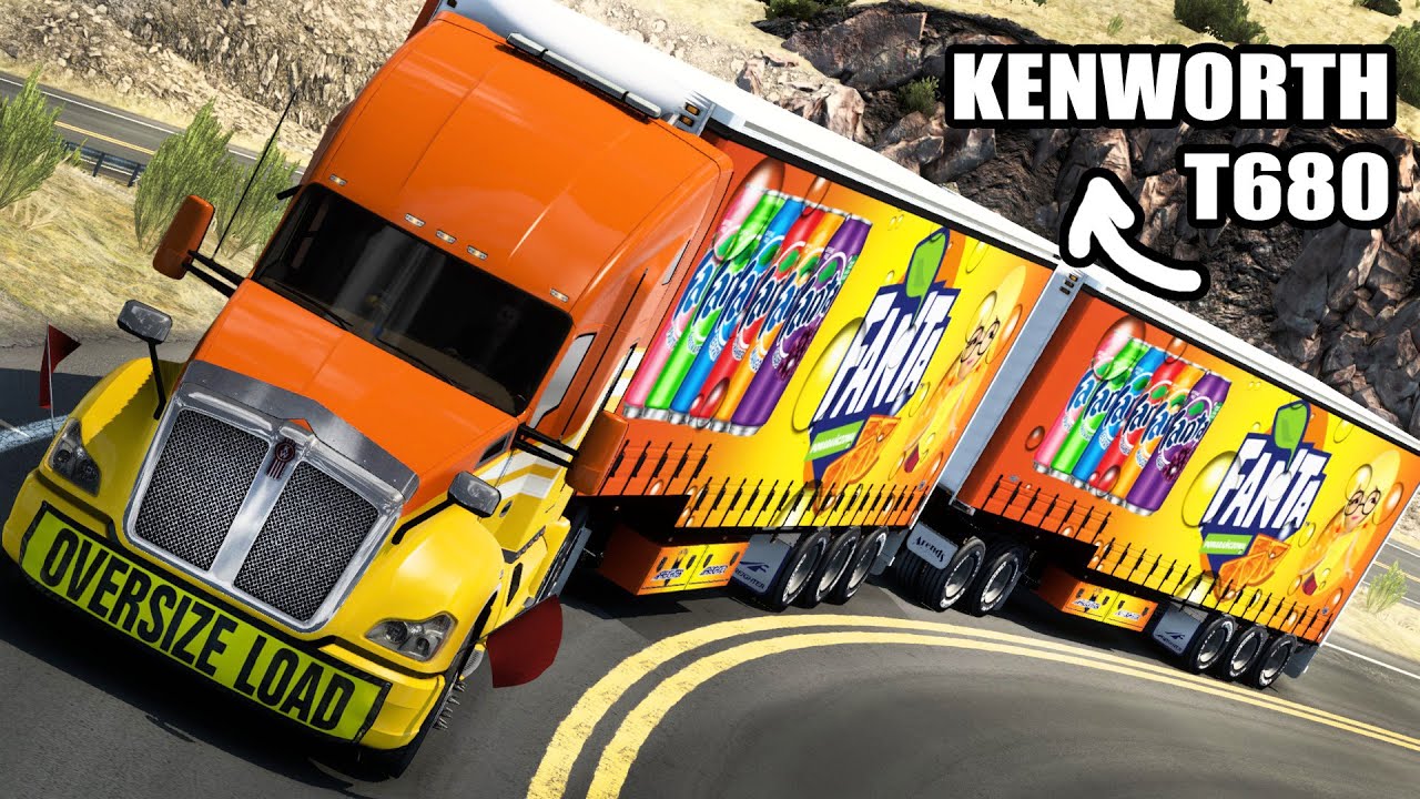 Camión de FANTA Doble en un Kenworth T680 Subiendo Grandes Pendientes American Truck Simulator