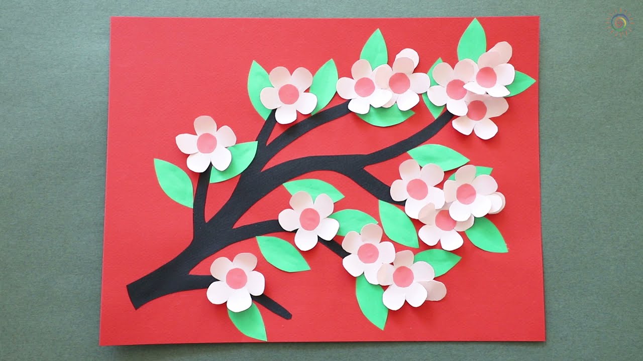 DIY Printemps! Cerisier en fleurs! Activit&eacute; cr&eacute;ative pour enfants. Весна! Ветка сакуры! Аппликация.