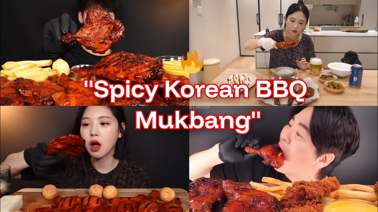 Mukbangers eating Korean Bbq chicken 
