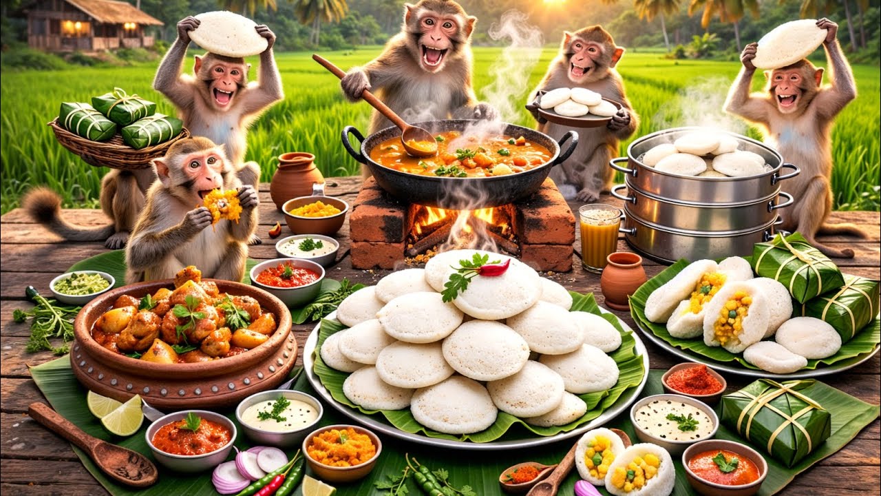 बंदर पारंपरिक करी पका रहे हैं | Monkeys Cooking Traditional Curry | Monkey Cooking Videos