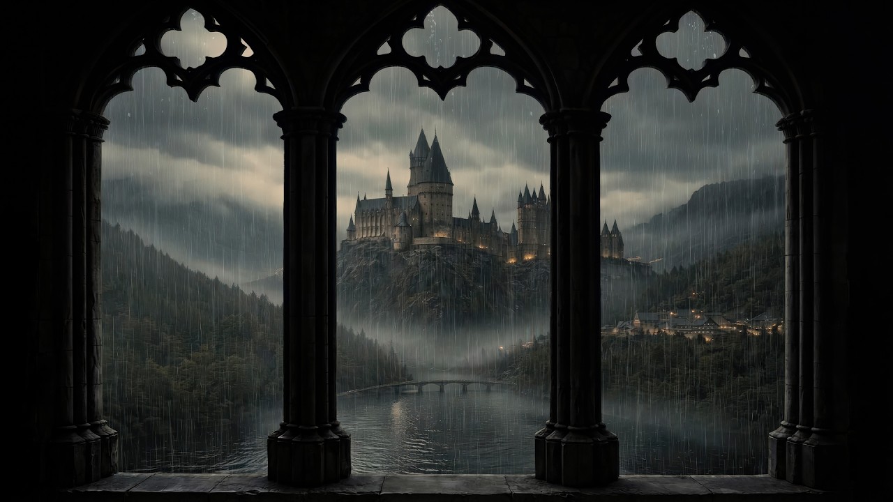 4K Harry Potter Rainy Window View – Hogwarts Rain Ambience & Thunder Sounds for Reading and Sleep