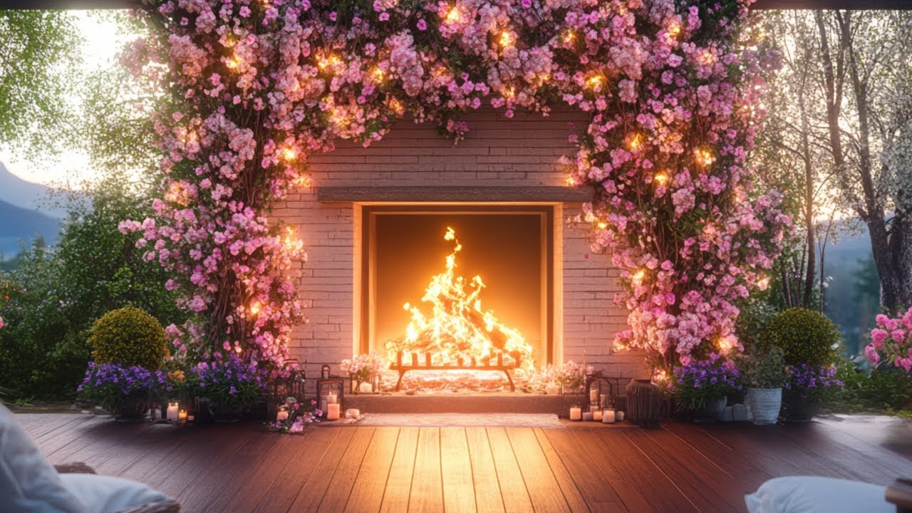 🌷 Romantic Spring Fireplace Ambience ✨ Outdoor Fire, Pink Flowers & Relaxing Sounds
