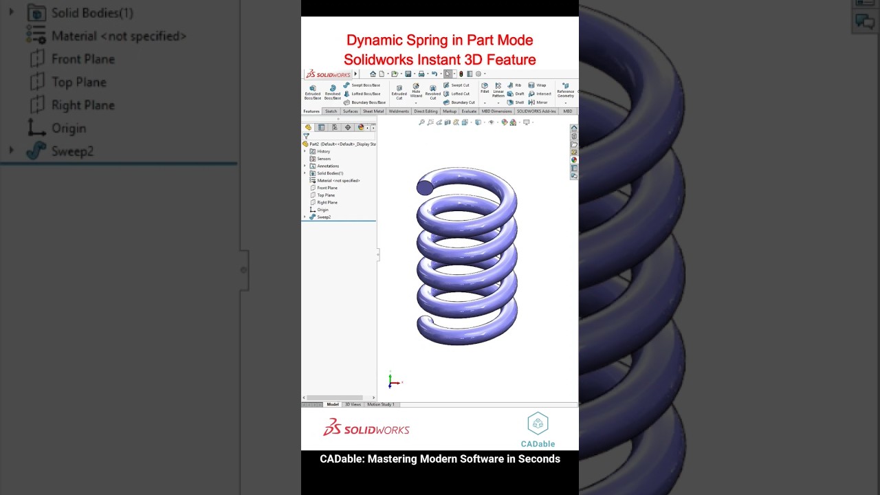 Dynamic Spring in Part Mode - Solidworks  Instant 3D Feature #Solidworksflexiblespring #CADable