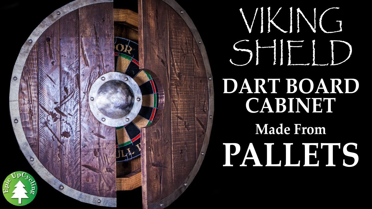 Pallet Wood and Scrap Metal Viking Shield Dart Board Cabinet.