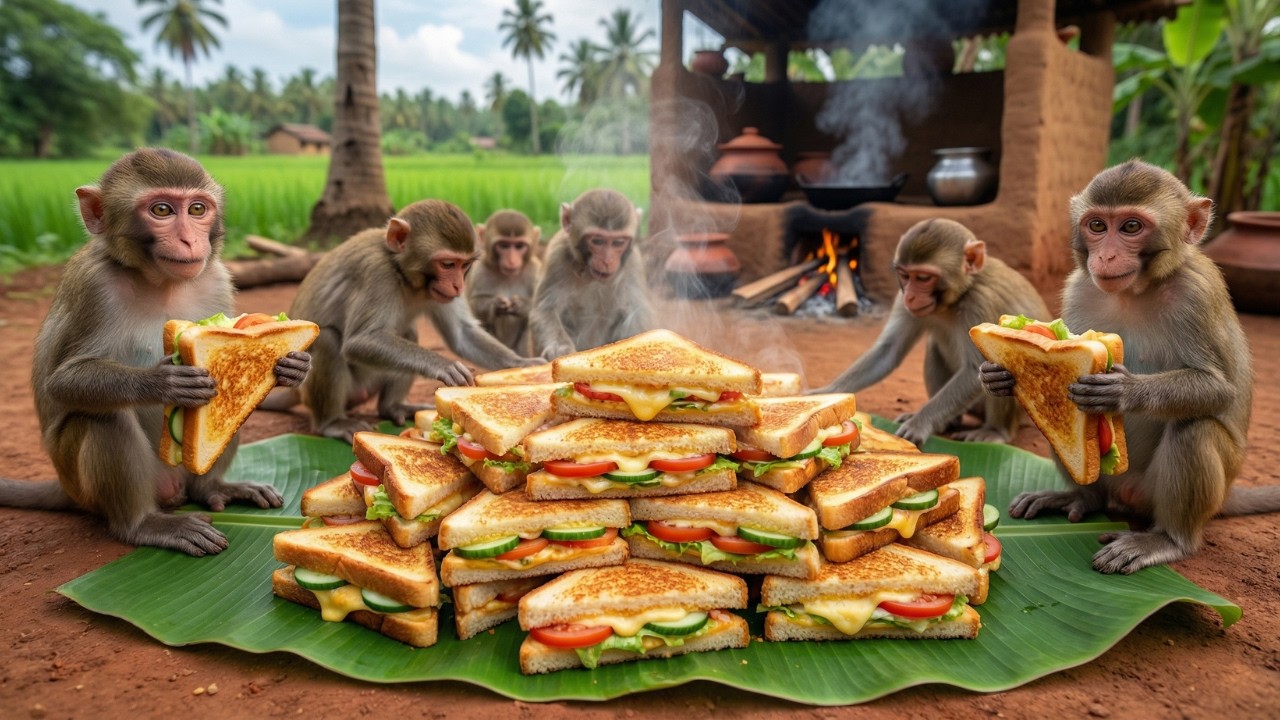 बंदरों ने मिलकर बनाया चीज़ सैंडविच 😋 | Monkeys Made Cheese Sandwich Together