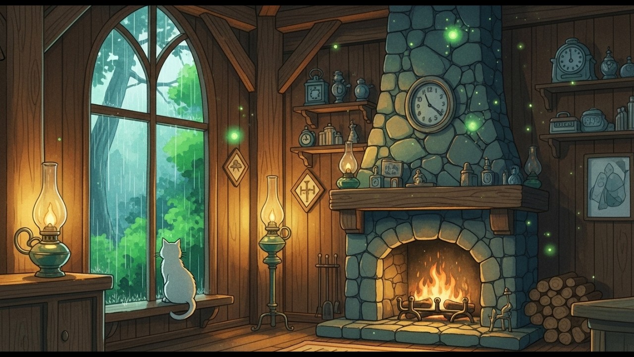 Cozy Cabin Rain Night 🌧️🔥 | Sleepy Cat by the Fireplace with Calm Lofi for Relaxing