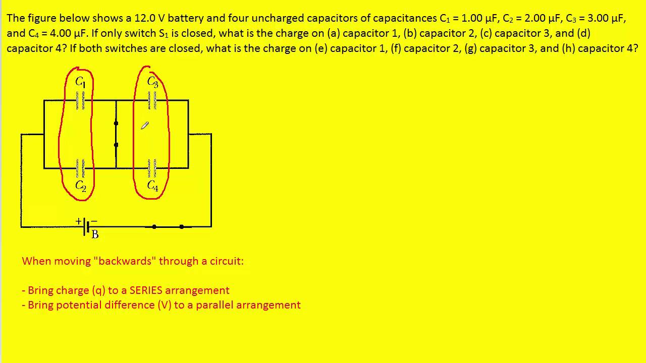 The figure below shows a 12.0 v battery and four uncharged capacitors of capacitances