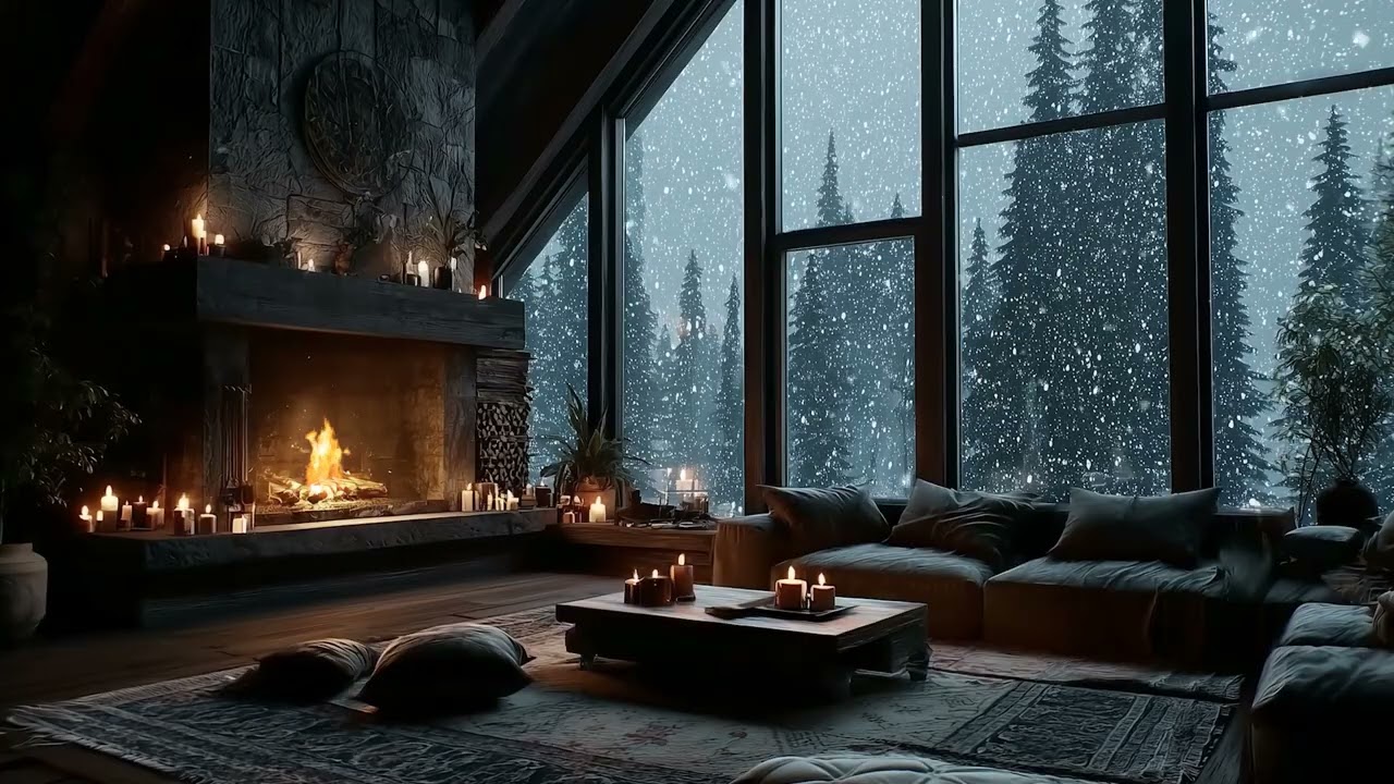 Warm Fireplace & Soft Piano Relaxing Holiday Ambience with Snowfall
