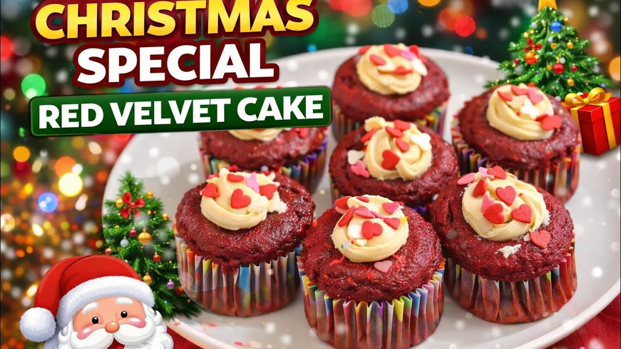 Christmas & New Year Special 🌲Red Velvet Cupcake Recipe। बिना अंडे के सॉफ्ट और स्पंजी कपकेक ।🎉🌲✨🎂🧁❤🔔