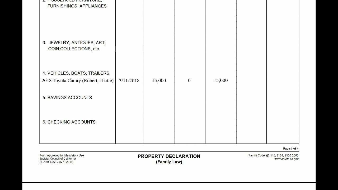 How to Complete California Divorce Form, Property Declaration, FL-160
