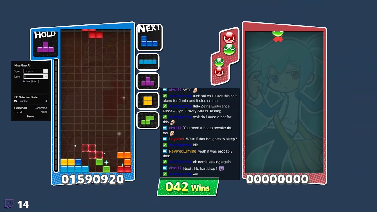 [TAS AI] Puyo Puyo Tetris (PC) Versus Endurance Mode - Zetris 99999999 Score, 999 Wins