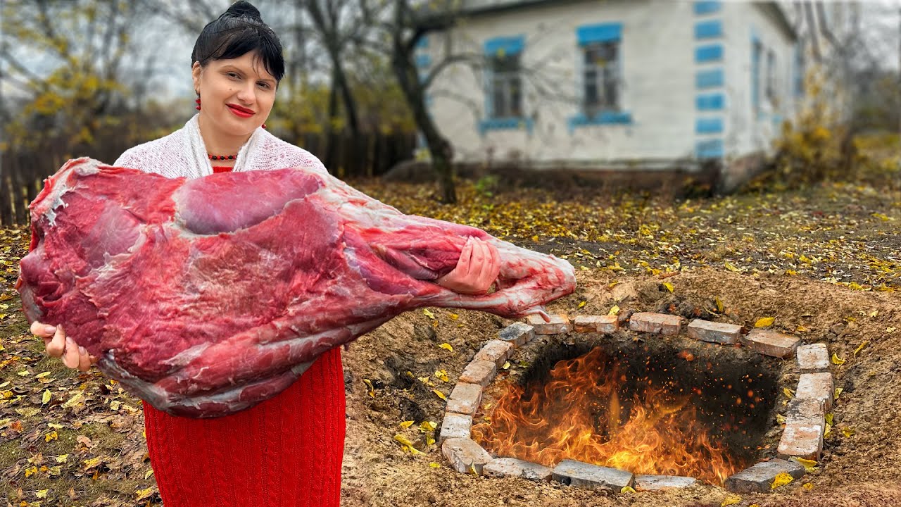 Ukrainian Woman Cooks a Huge Beef Leg in a Faraway Village! Beef Roasted in the Pit for Over 7 Hours