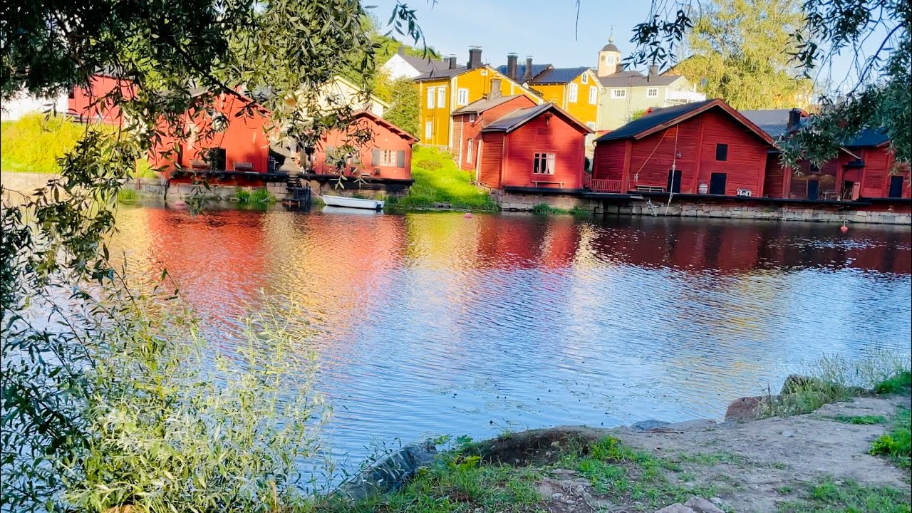 Charming Porvoo, Finland. Walk by the river on a summer evening. 4K