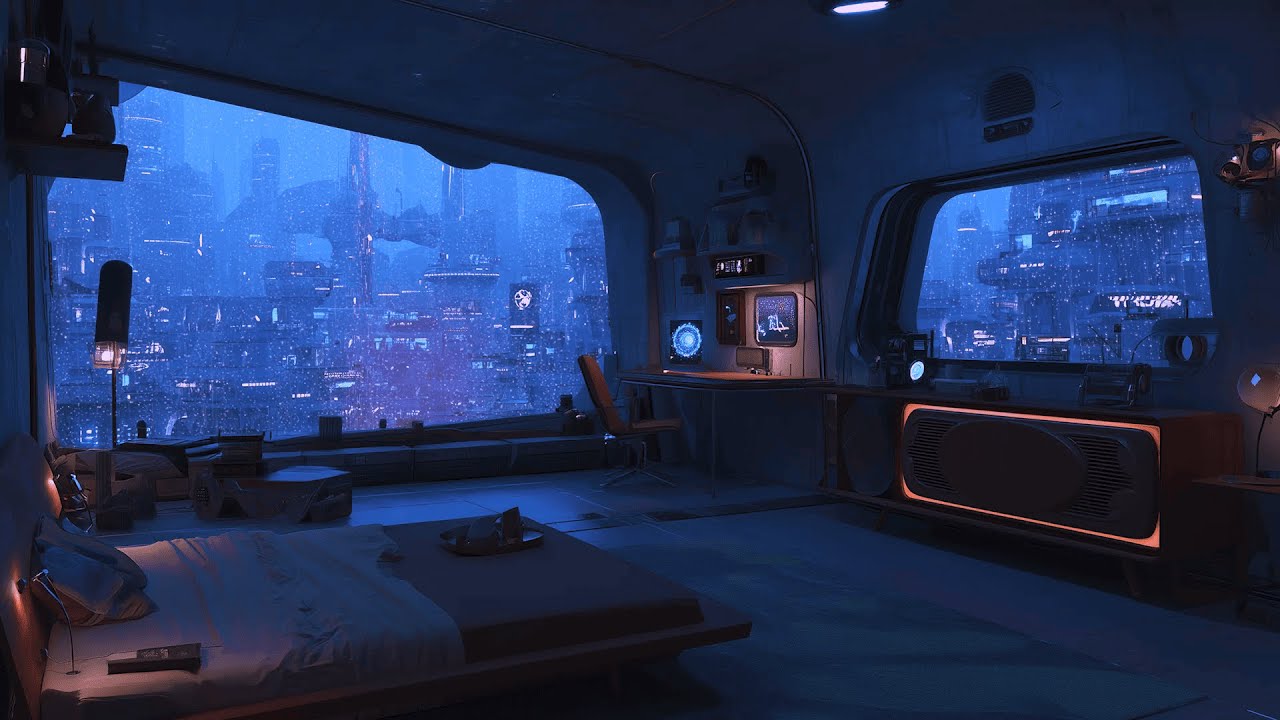 Futuristic Night Room 🌌 Rain on Glass and Lofi Beats 🎧 for Long Focus Sessions