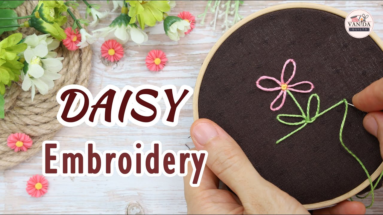 Easy way hand stitching a daisy flower onto fabric - DIY Embroidery Tutorial วิธีปักผ้า รูปดอกเดซี่