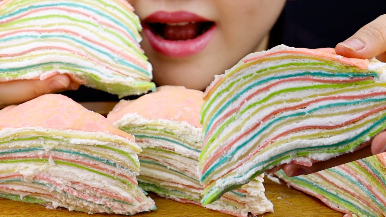 ASMR Rainbow Crepe Cake Eating Sounds (No Talking) | KLE ASMR