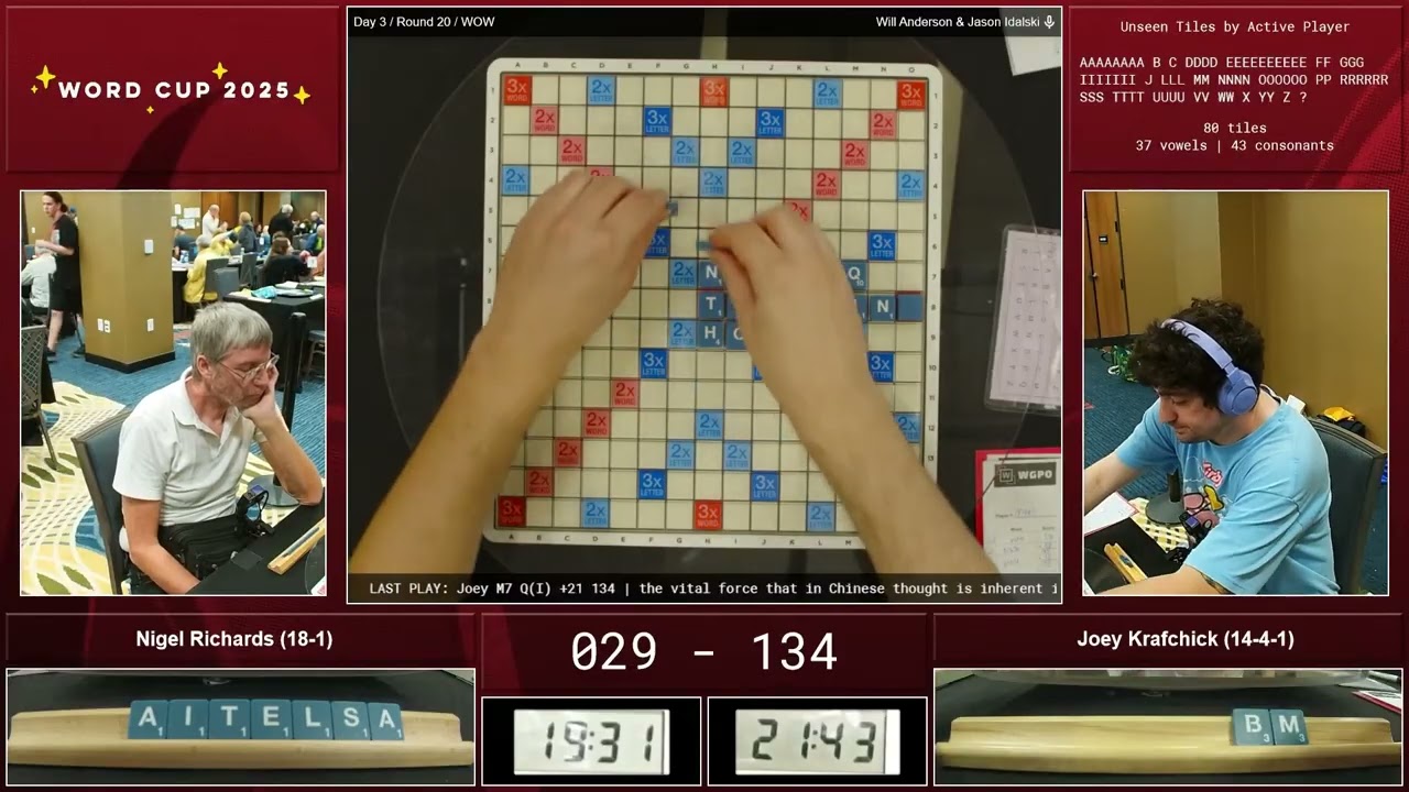 Word Cup 2025 - Game 20 - Nigel Richards vs. Joey Krafchick (WOW)