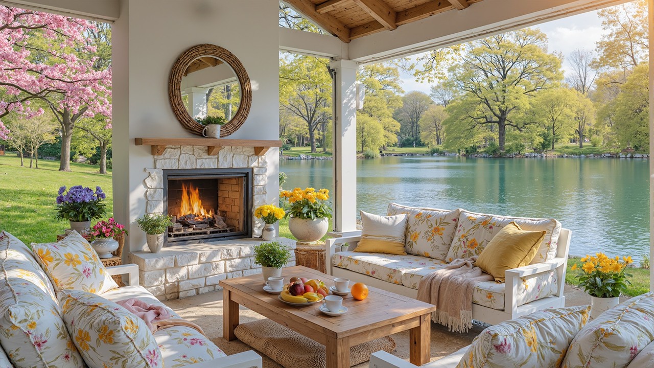 Cozy Spring Porch Ambience 🎹 Tranquil Piano Music and Fireplace Sounds for Relaxation