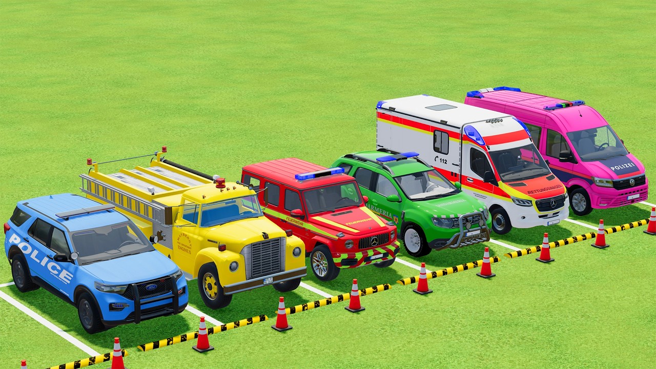 TRANSPORTING POLICE CARS, AMBULANCE, FIRE TRUCK, COLORFUL CARS WITH TRUCK - FARMING SIMULATOR 22