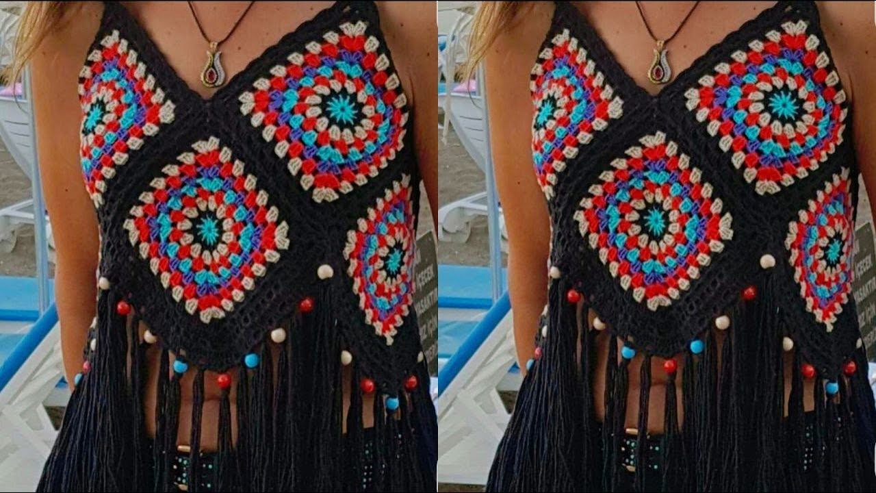 توب كروشيه بمربع الجراني للصيف والبحر Crochet square top/ see _crochet
