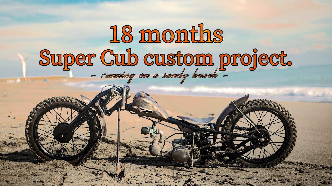 18 months HONDA SuperCub custom project riding on a sandy beach motorcycle #スーパーカブ　#chopper