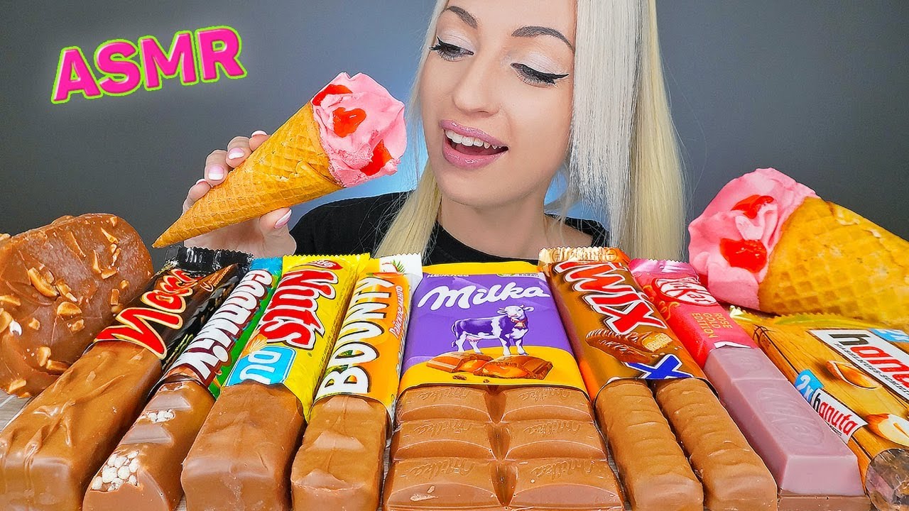 ASMR EATING CHOCOLATE CANDY BARS, ICE CREAM, MILKA, KITKAT, 초코바 초콜릿 (DESSERT) MUKBANG 먹방